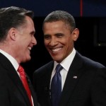 President Obama and Republican presidential nominee Romney share a laugh at the end of the first presidential debate in Denver